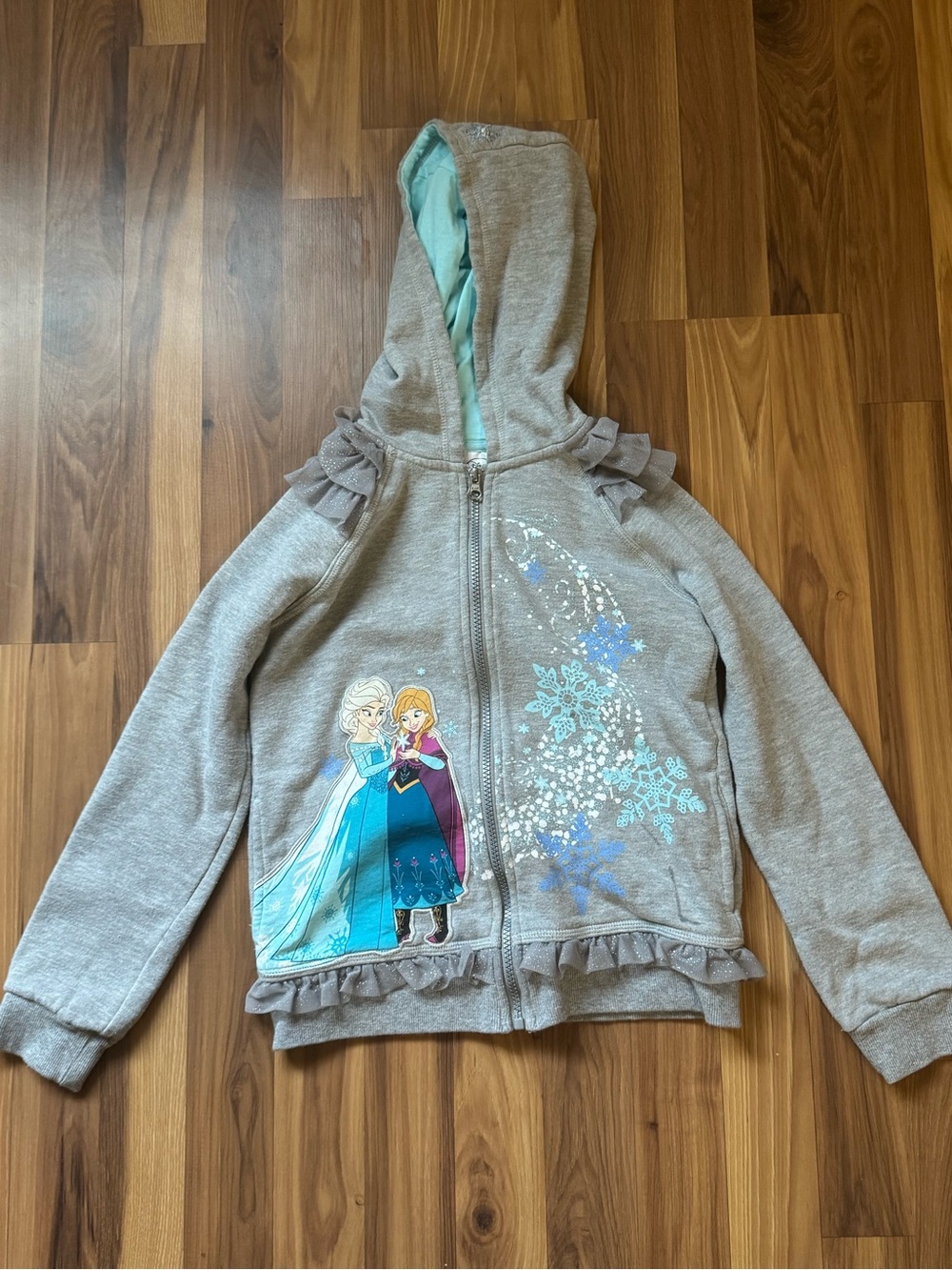 Frozen Disney Girls' Grey Hooded Zip Sweatshirt with Blue Accents